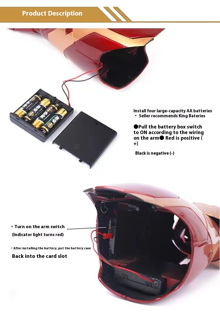 Iron Man Mark 42 wearable armor gauntlet with LED lighting and laser effects showing detailed dimensions and premium construction