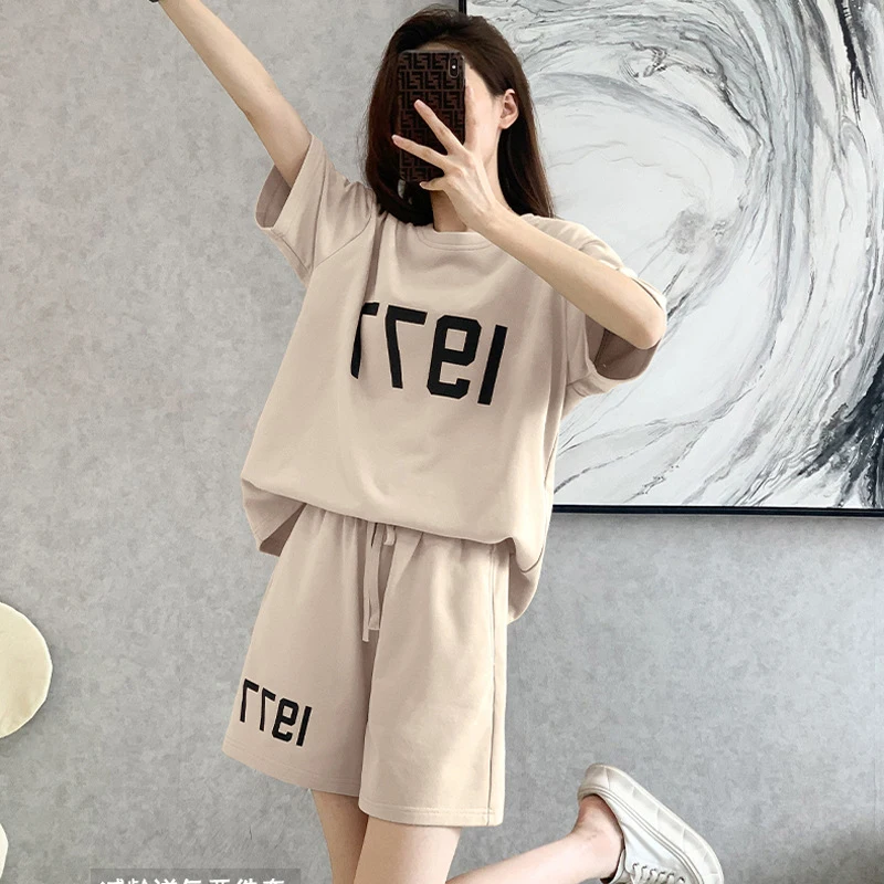 Summer Sports Chic New Loose Casual Short Sets Women Young Style Minimalist Letter Short Sleeve Round Collar Drawstring Clothes