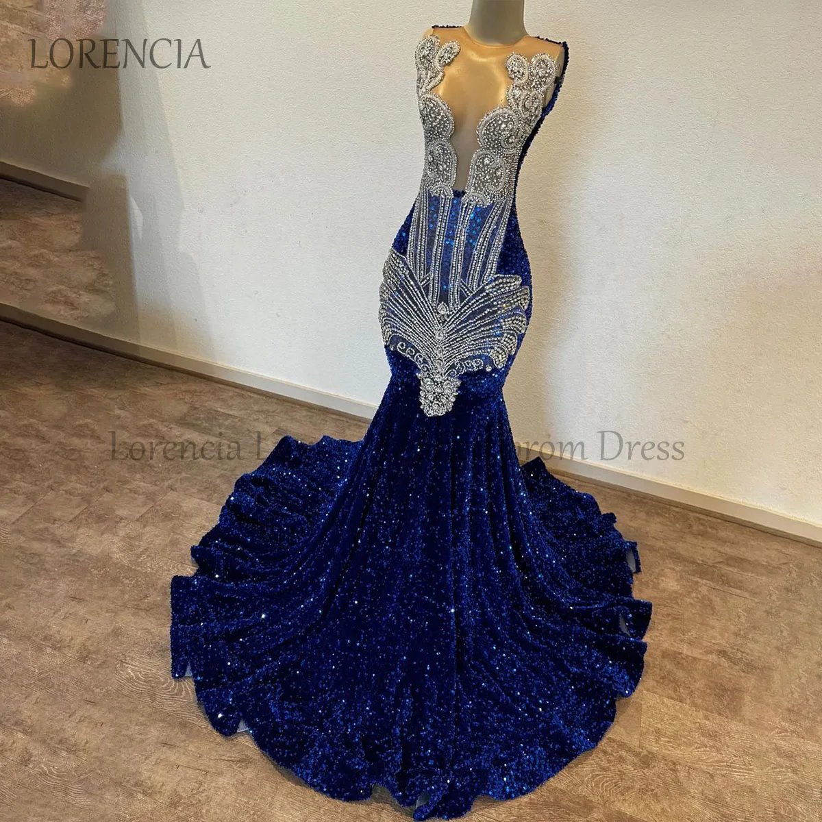 

Blue Sequin Prom Dresses 2024 Black Girls Crystal Formal Mermaid Evening Party Gowns Sexy Open Back Sleeveless vestidos de gala