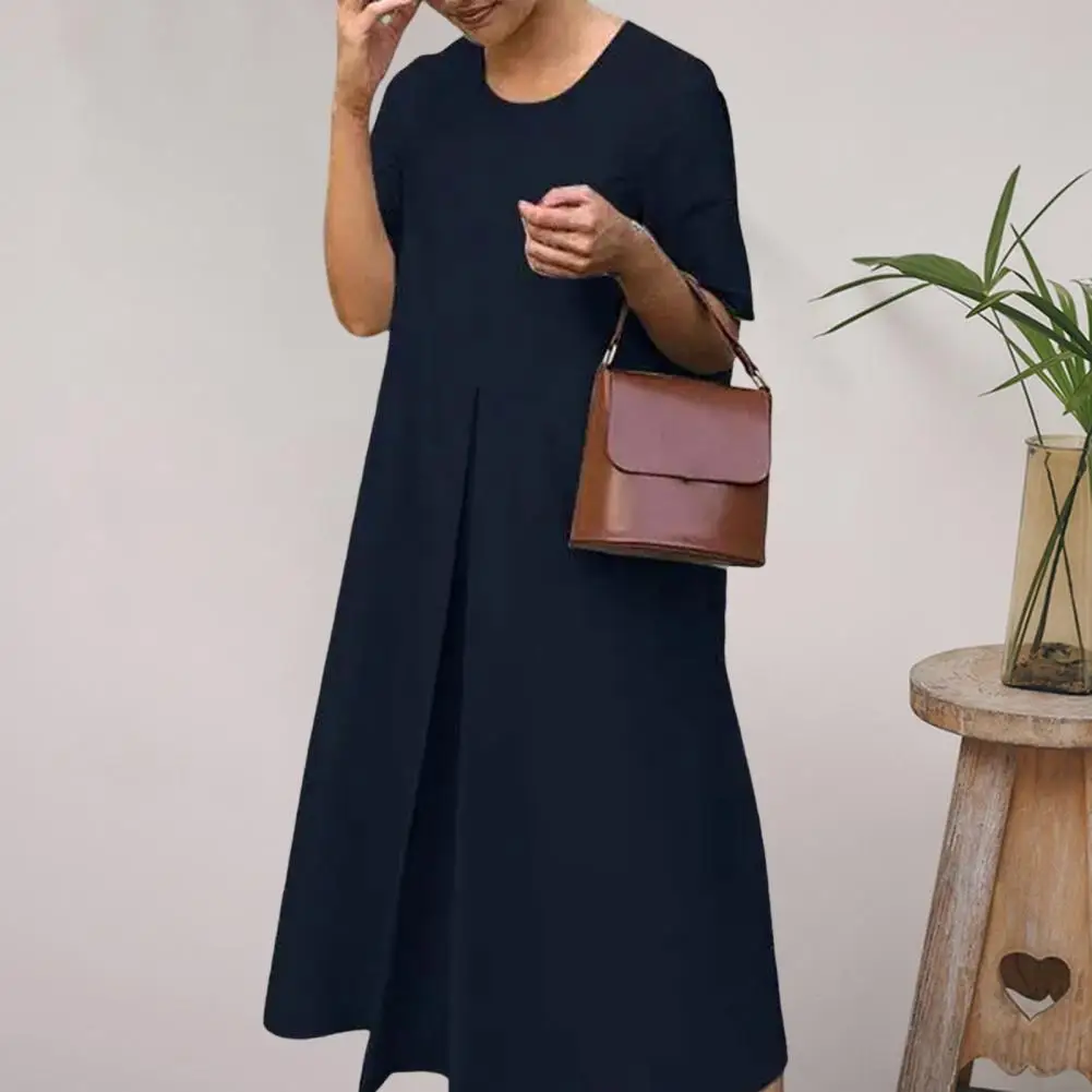 

Women Round Neck Dress Loose Hem Long Dress Stylish A-line Midi Dress for Women O Neck Short Sleeves Solid Color for Dating