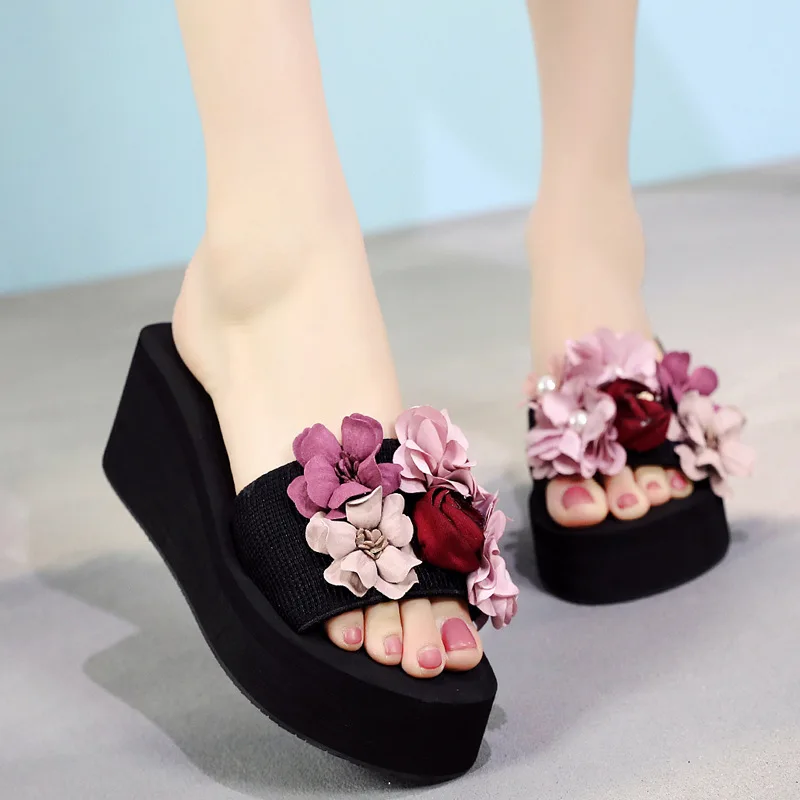 

Женские летние шлепанцы ручной работы с цветами на высоком каблуке 3-6 см, Нескользящие шлепанцы, модные пляжные шлепанцы