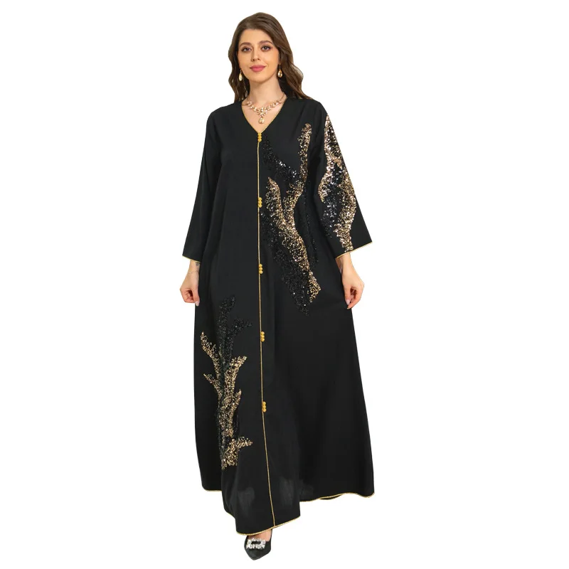 

Dubai Middle East Women's Dress Long Sleeve Sequins Embroidered Elegant Arabic Evening Dresses Abaya Kaftan Robe