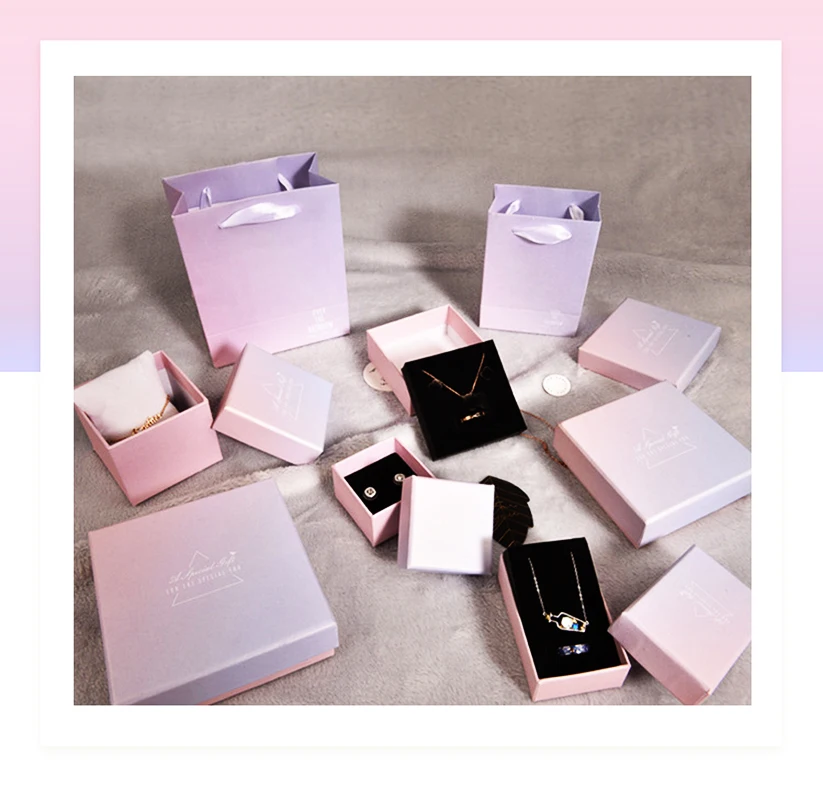 

Sweet Purple Gradient Jewelry Paper Gift Box with Gift Bag Lovely Necklace Earrings Rings Package Case Jewelry Display Holder