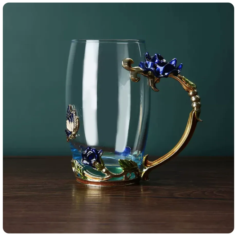 Blue Rose Enamel Crystal Butterfly Glass Cups High-grade Flower Tea Cup Mug  Hot and Cold Drinks Tea Cup Perfect Wedding Gift - AliExpress