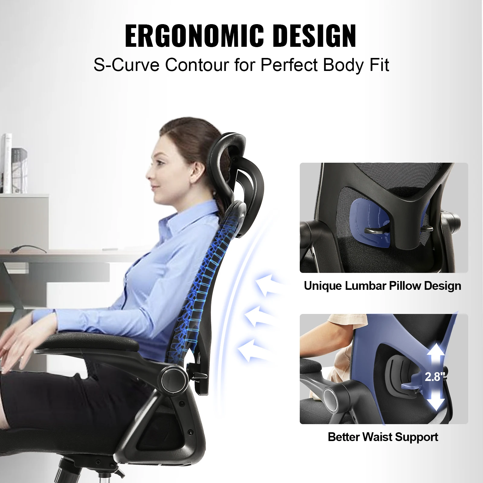 VEVOR Ergonomic Office Chair with Slide Seat/ Mesh Seat/ Adjustable Lumbar Support Angle and Height Adjustable Home Office Chair 3