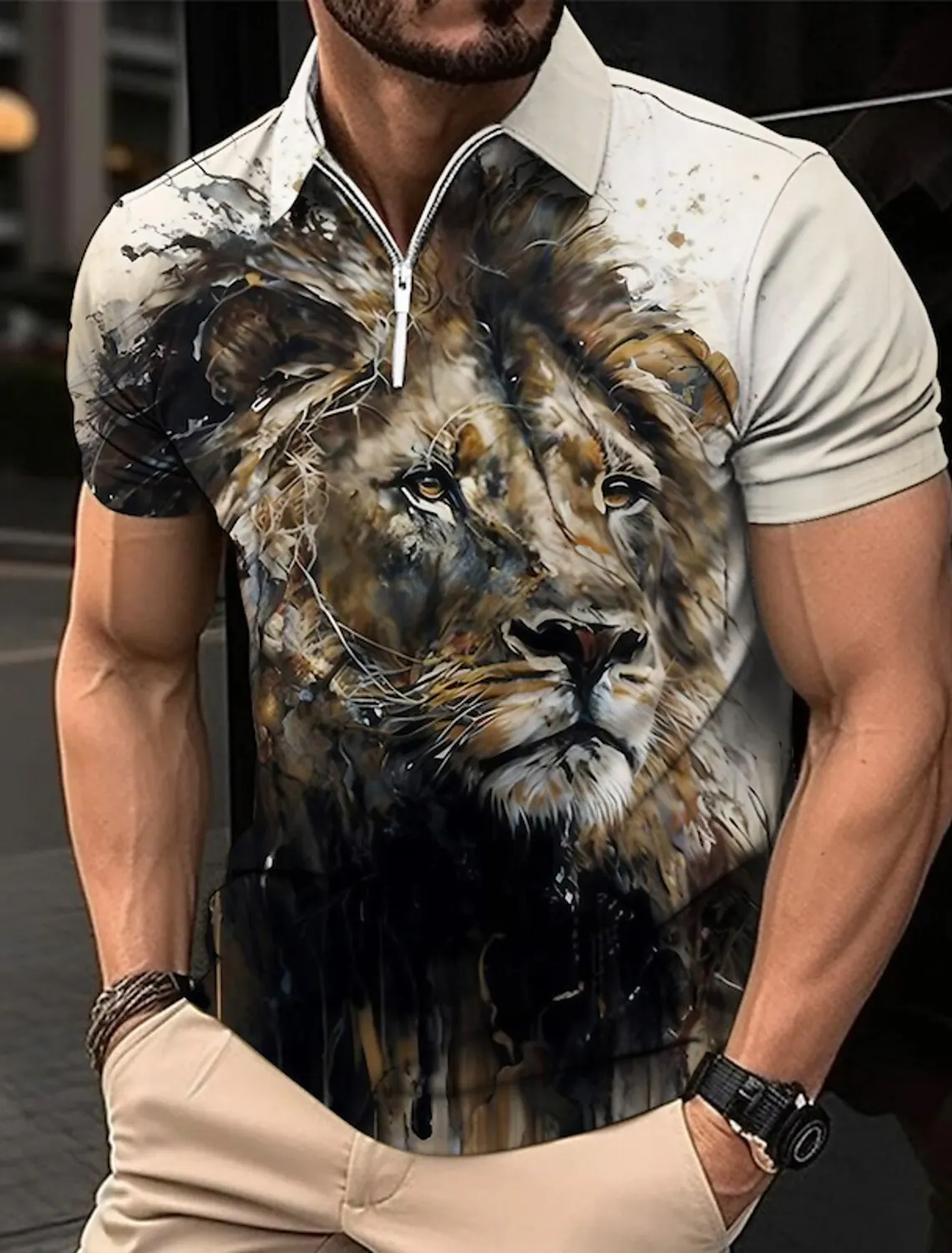 

Summer 3D Prints Animal Lion Graphic Turndown Men's Golf Shirts Polo Casual Trend Zip Short Sleeve Zipper Regular Polo Shirts