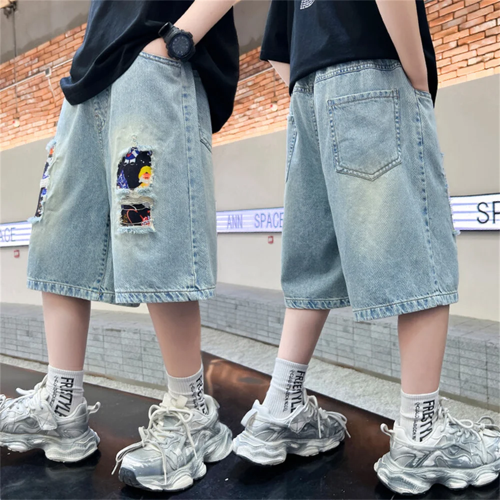 소년 데님 반바지, 청소년 청바지, 학생 어린이 데님 크롭 팬츠, 6837 패션 여름