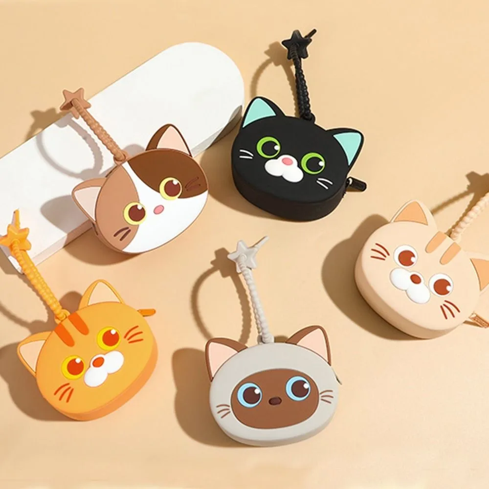 Cute Cartoon Cat Silicone Coin Purse with Keyring Portable Data Cable Earphone Storage Bag Organizer for Women