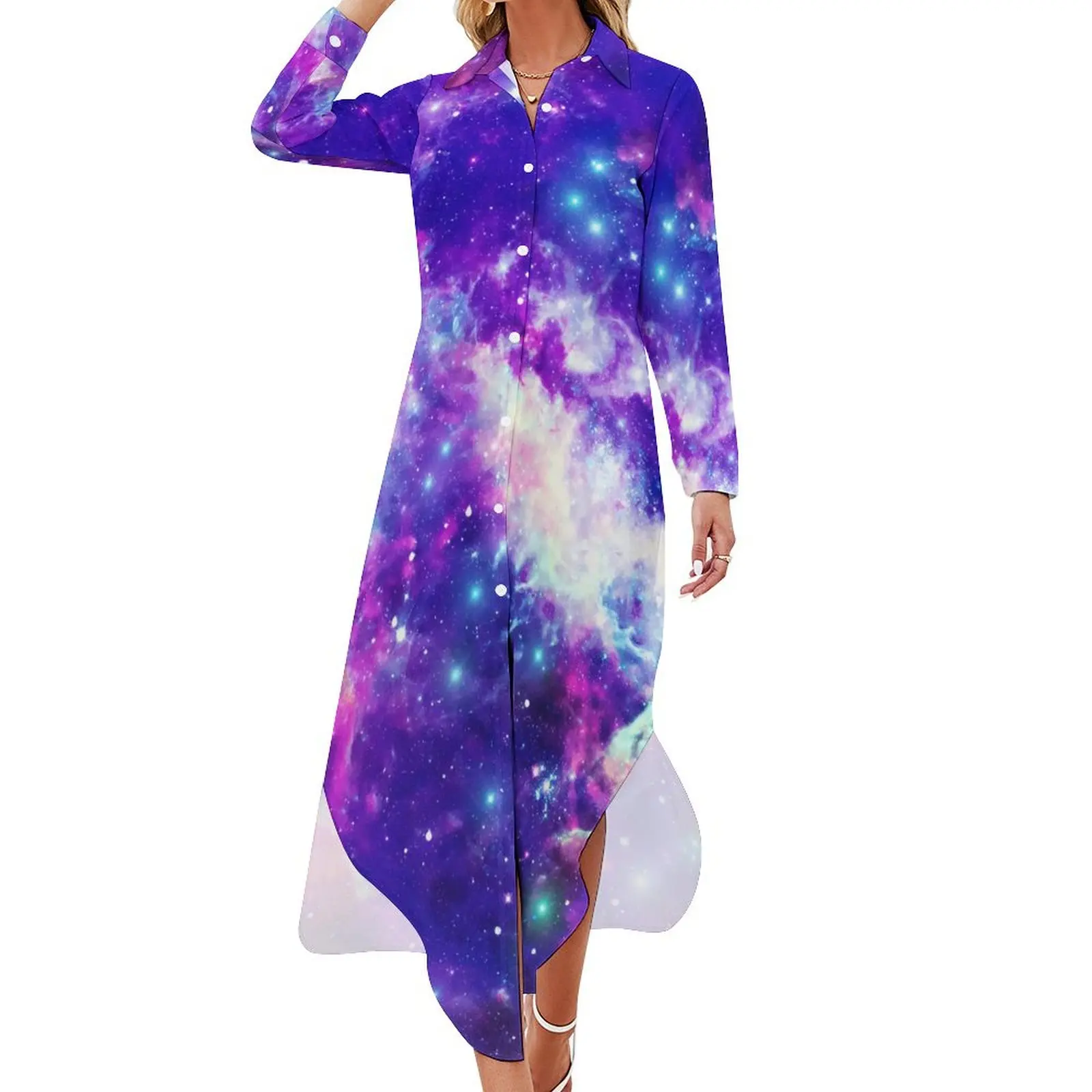 

Colorful Galaxy Casual Dress Flaming Star Nebula Streetwear Dresses Sexy V Neck Kawaii Chiffon Dress Long Sleeve Vestido 5XL 6XL