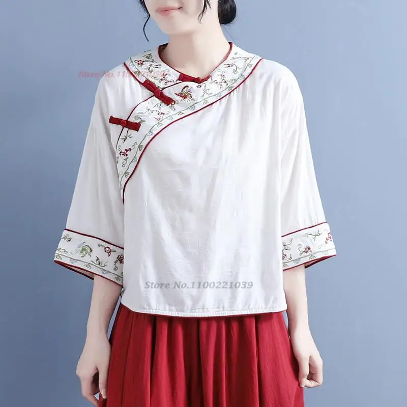 

2023 traditional chinese improved qipao blouse national flower embroidery cotton linen blouse oriental qipao tops zen shirt
