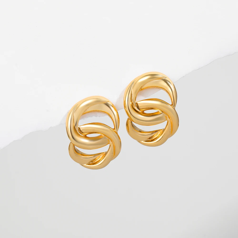 New Interlocking Circle Earrings for Women Gold Color Waterproof PVD Statement Double Round Knot Ear Stud Jewelry Stylish Bijoux