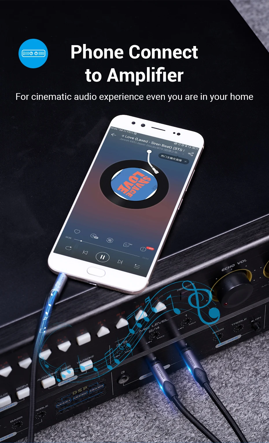 3.5mm to Double 6.5mm TRS Cable AUX Adapter Audio Cable 6.5 Jack to Stereo 3.5 J