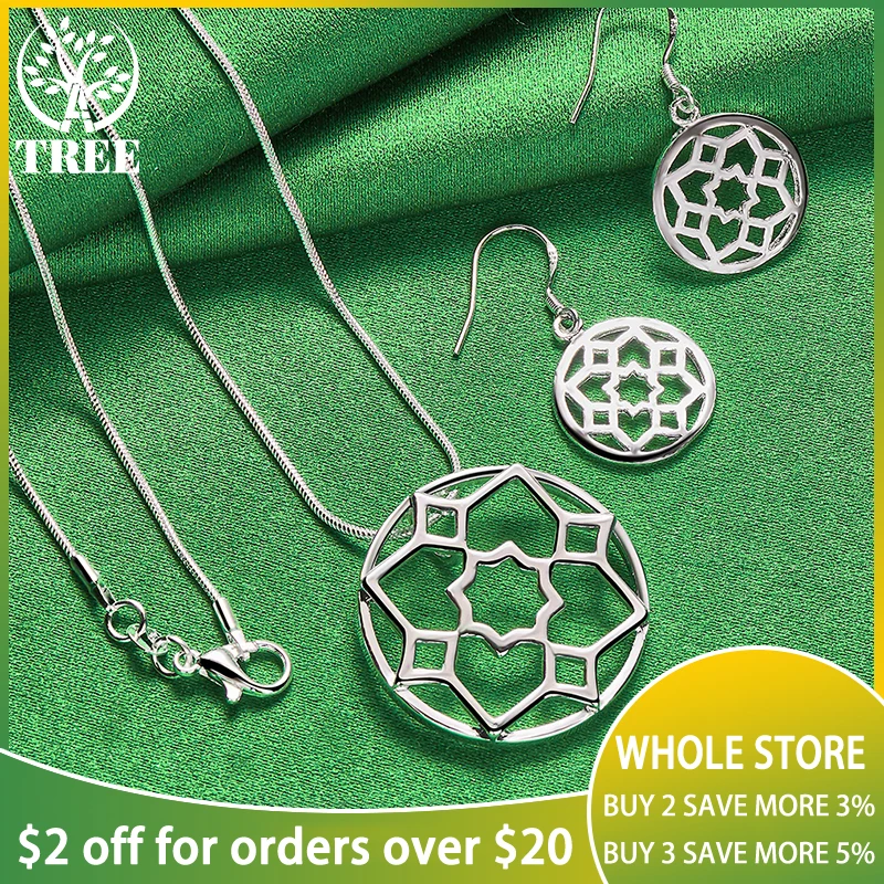 

ALITREE 2pcs 925 Sterling Silver Jewelry Set For Women Fashion Circular Pattern Pendant Necklace Earring Birthday Wedding Gift