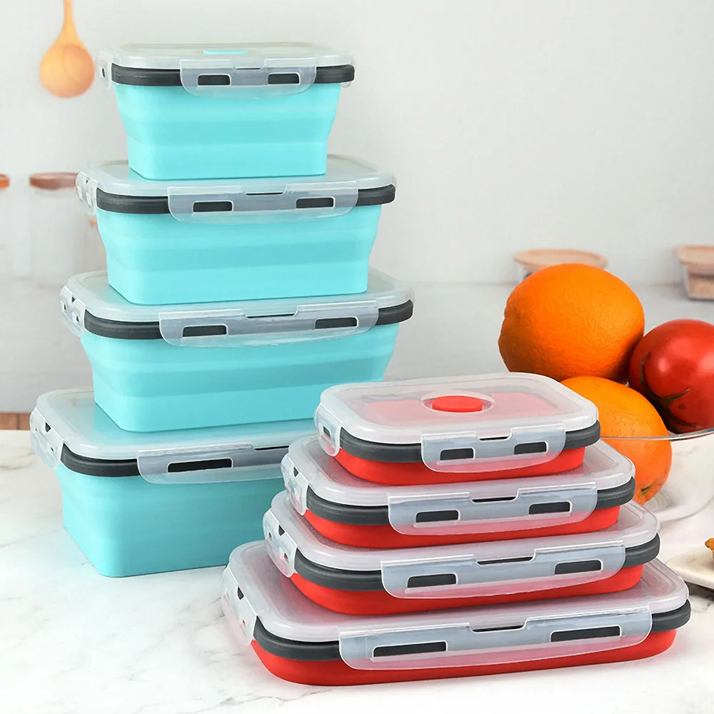 4Pcs/Set Silicone Lunch Boxes Collapsible Food Storage Container Bento