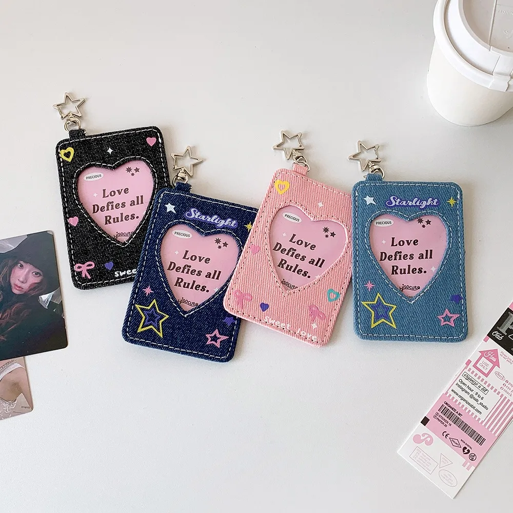 Kpop Idol Photocard Storage Denim Frame with Keychain 3 Inch School Girl Trend Gift Card Holder & Note Holder 2