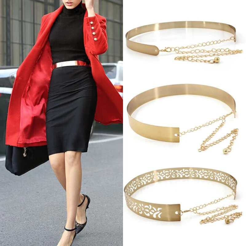 

Fashion Women Adjustable Punk Full Metal Skinny Waist Belt Gold Silver Wide Bling Plate Waist Belt Ladies Mirror Waist Chain