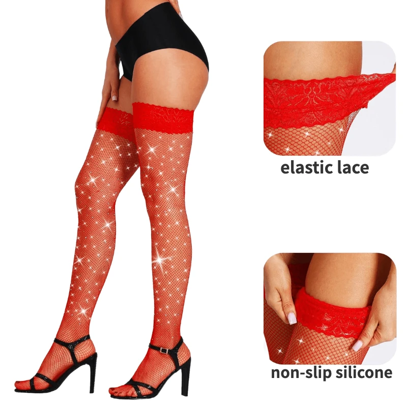 Popular Women Non Slip Silicone Sparkly Rhinestone Stockings Fishnet Thigh High Socks Girls Lace Top Hosiery Stay Up Stocking