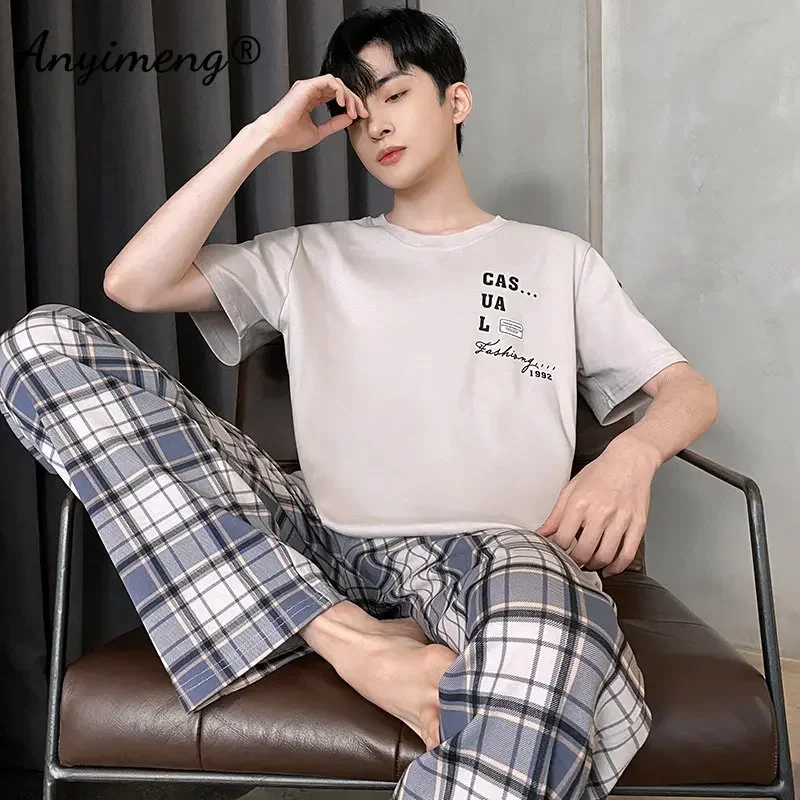 Pajama Sets Men Summer Knitted Cotton Pajamas Set Short Sleeve Plaid Pants Sleepwear Plus Size 4XL