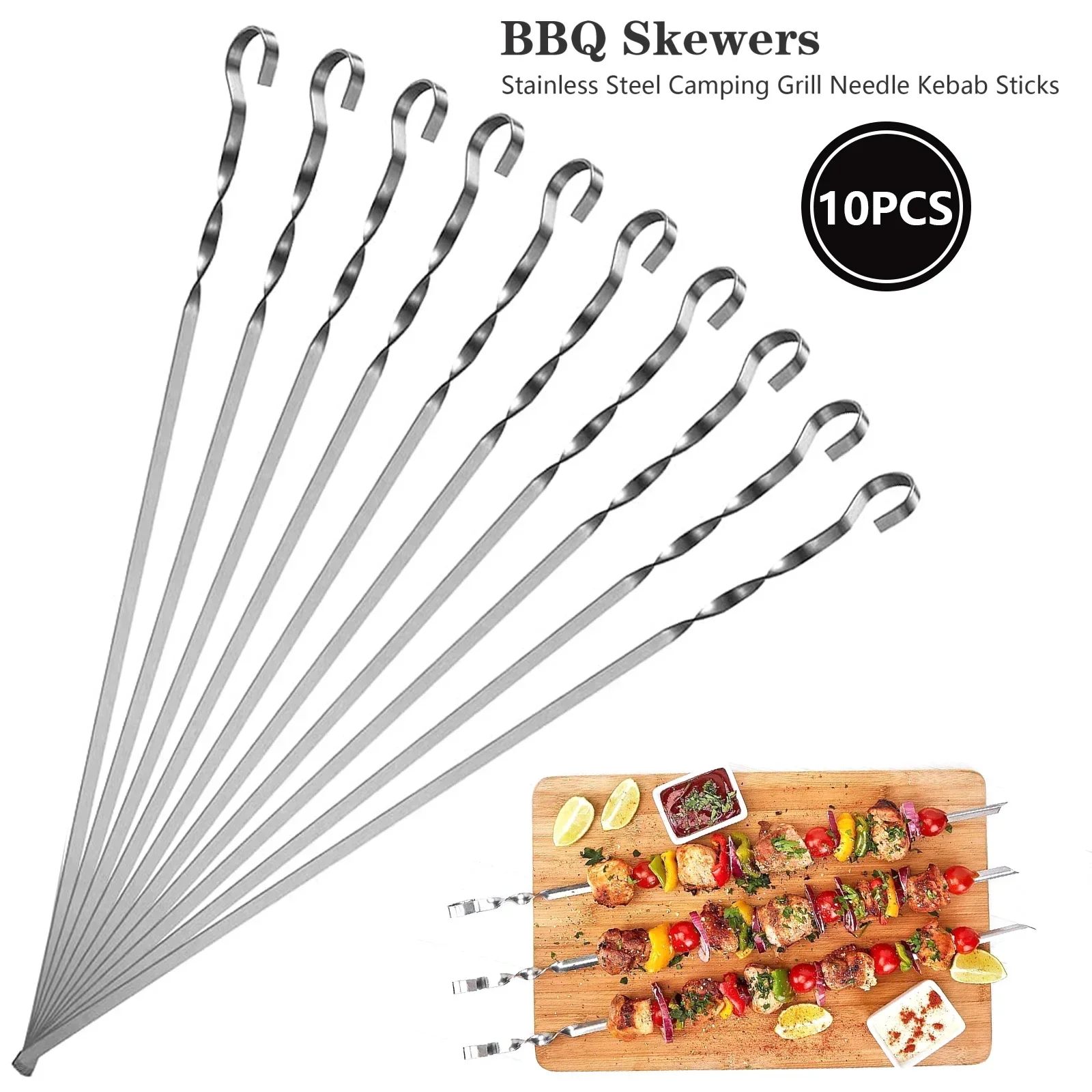 10 Pcs Stainless Steel Barbecue Skewer Reusable BBQ Skewers Kebab Iron Stick for Outdoor Camping Picnic Tools Cooking Tools