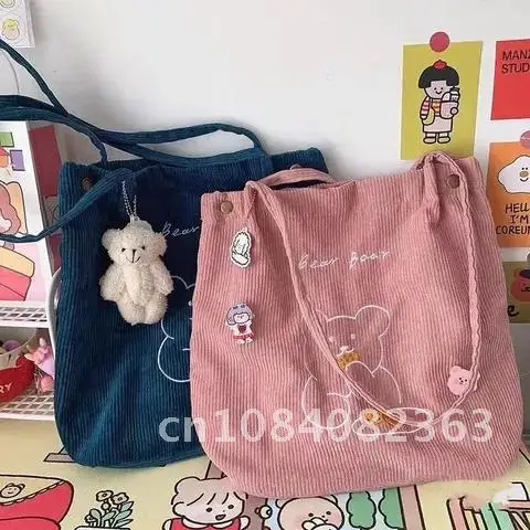 

Cute Embroidered Bear Women's Corduroy Shoulder Bag Eco-Friendly Canvas Tote Sack Reusable Foldable Daily Shopping Bag