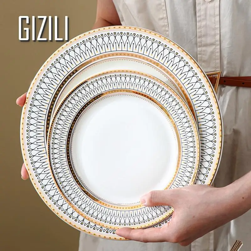 European Ceramic Plate Set Restaurant Light Luxury Dish Dessert Plate Serving Dinner Plates Salad Kitchen Dinnerware