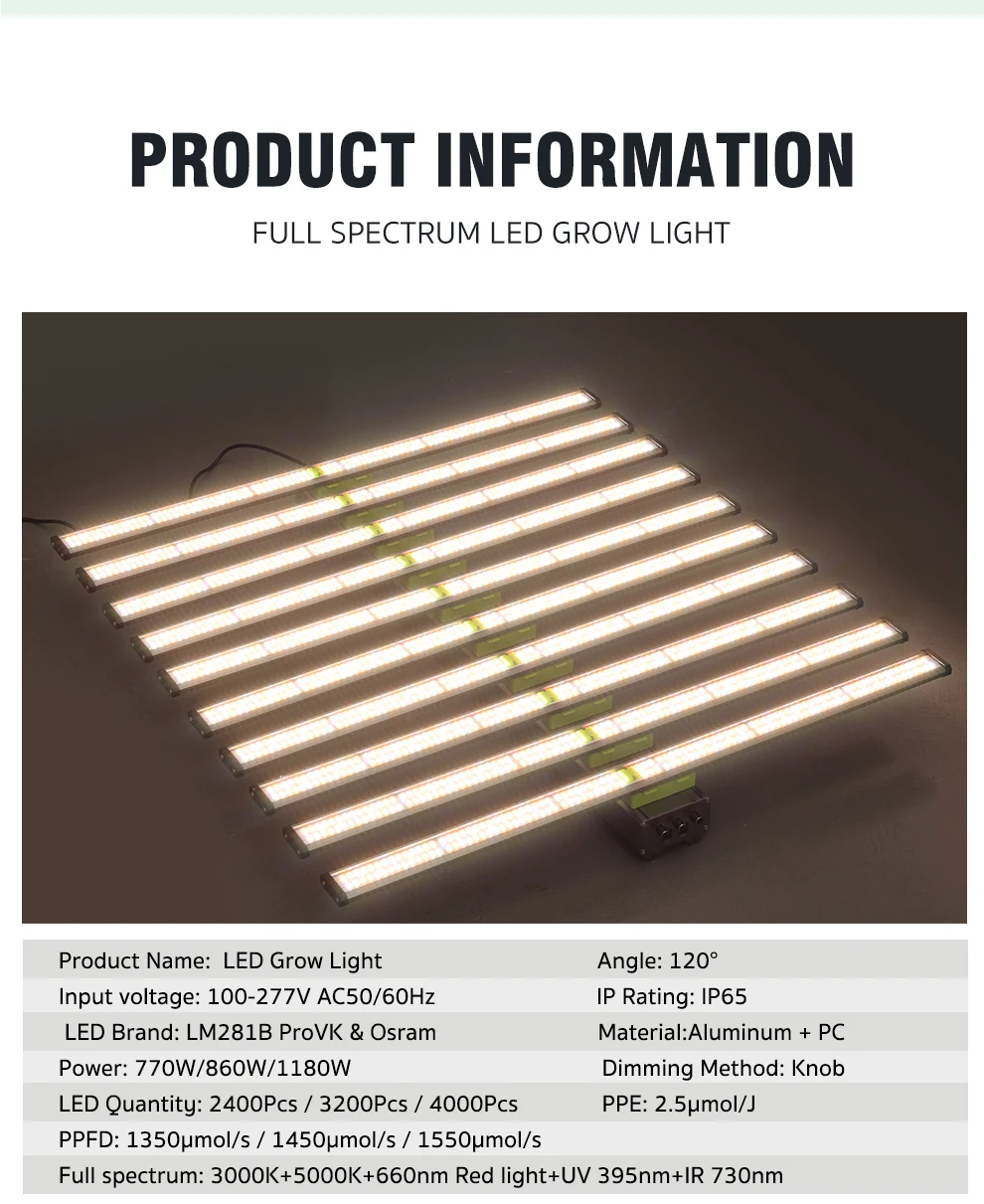 Vollspektrum-LED-Wachstumslicht, 770 W, 860 W, 1180 W, LM281B, ProVK und Osram, 3 dimmbare Masten, 4 Lichtmodi für Gewächshauszeltpflanzen – Detail 6