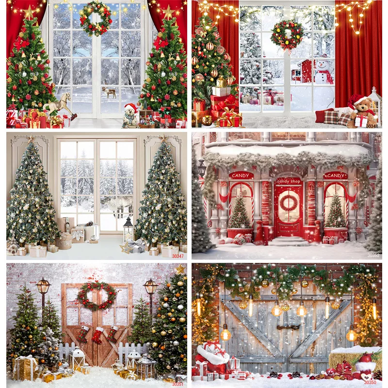 

SHUOZHIKE Christmas Tree Window Candy Photography Backdrop Wooden Doors Snowman Cinema Pine New Year Background Prop WW-01