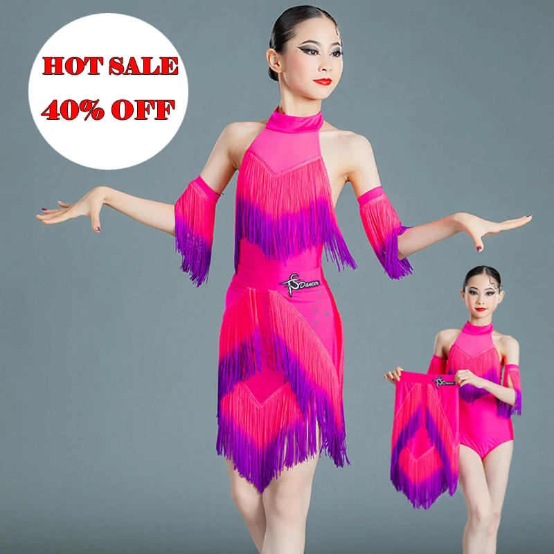 

Children'S Latin Dance Dress For Girls Latin Competition Costumes Sleeveless Gradual Fringed Dress Performance Outfits DN9715