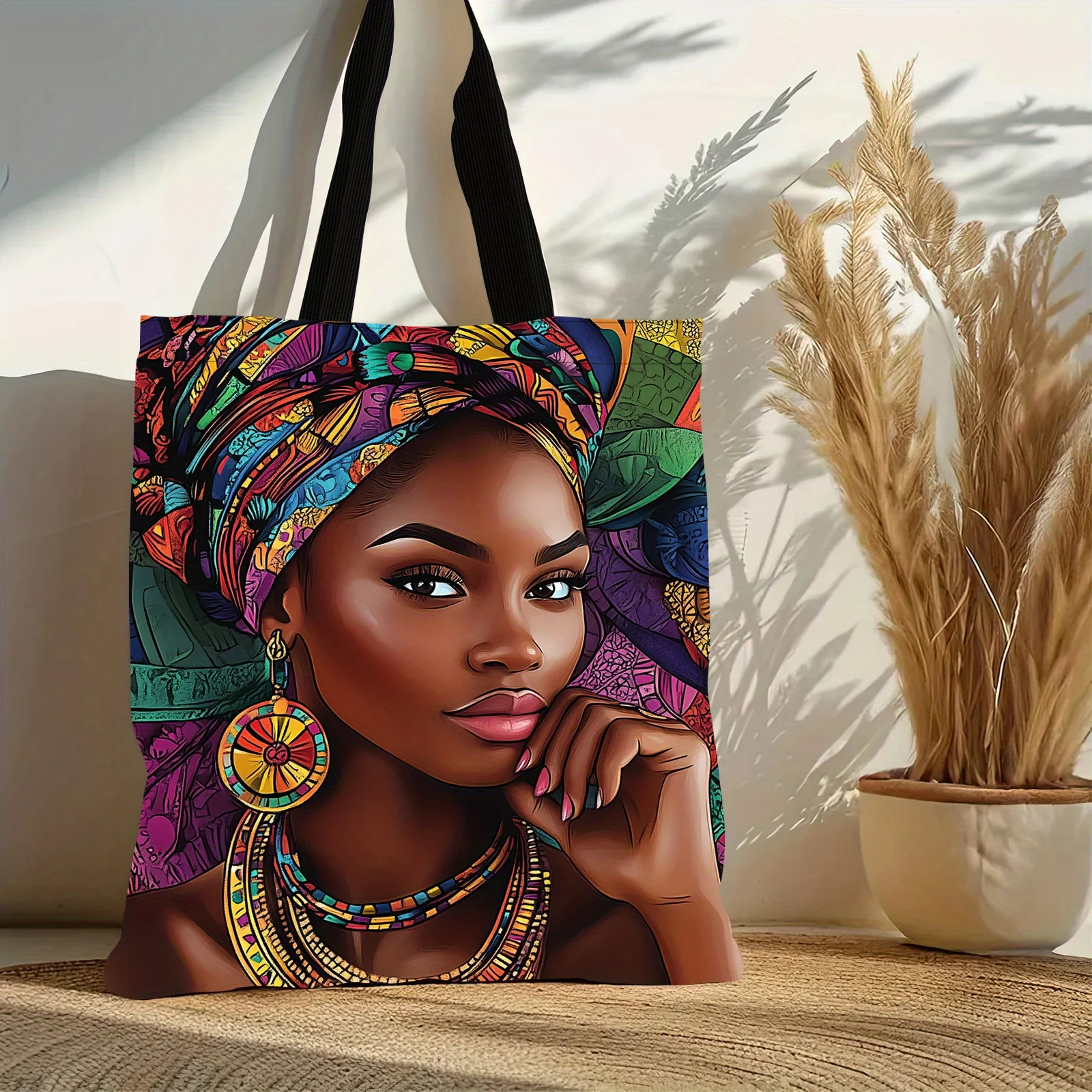 Bolso de mano de lino con estampado de mujer africana, bolso de hombro escolar estético, bolso de compras ligero para comestibles 1