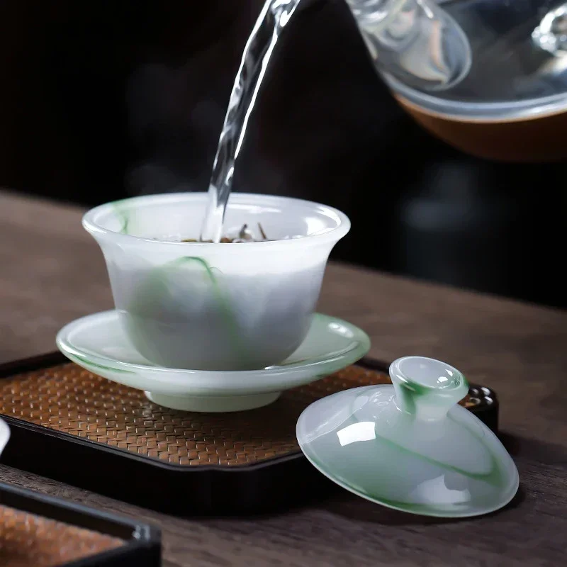 Emerald Green Jade Porcelain Gaiwan-Chufang Small Tea Tureen 100ml Sancai Cover Bowl Colored Glass Tea Cup for One Person