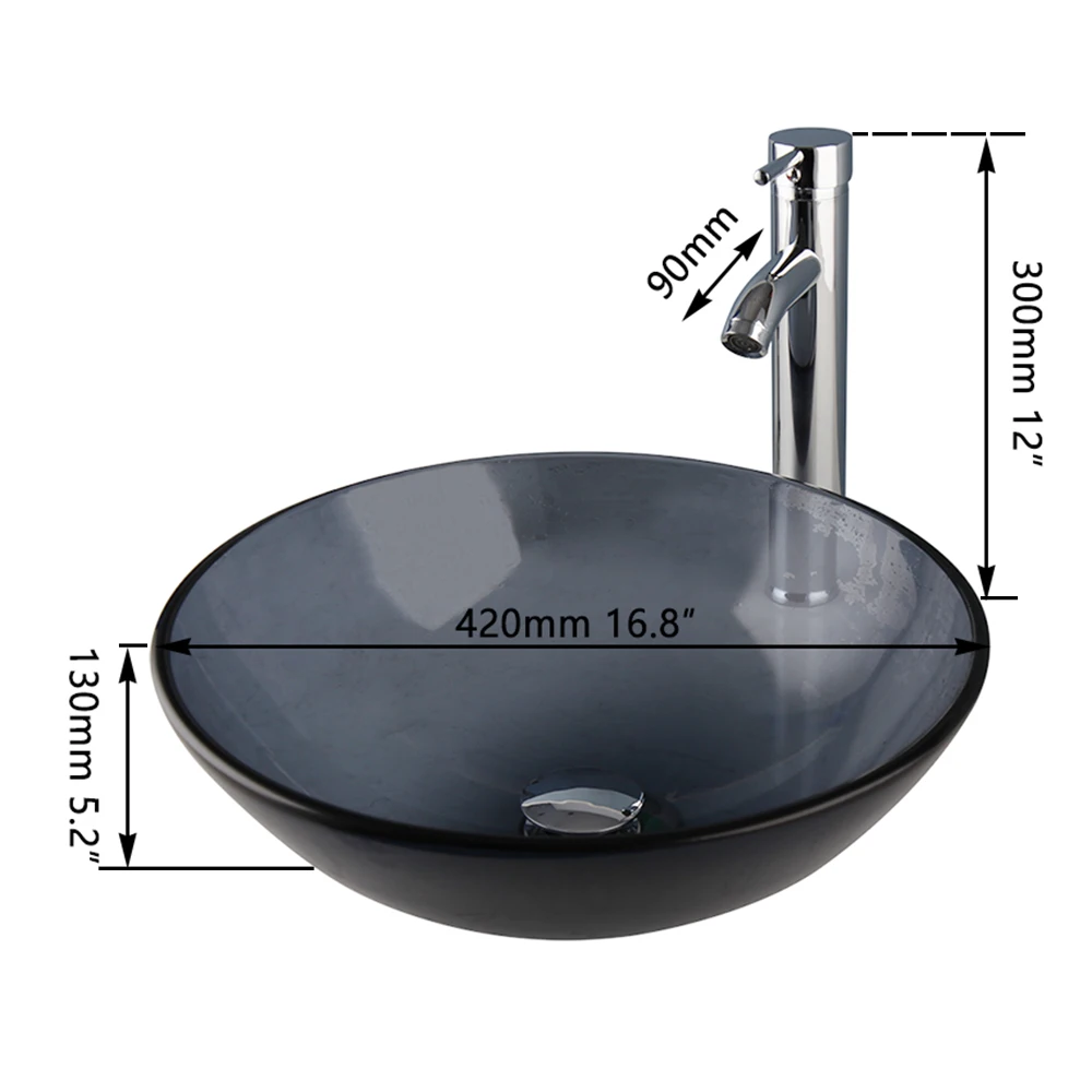 KEMAIDI Bathroom Basin Round Bowl Sink Washbasin Faucet Combo Grey Bathroom Vessel Basin Sinks w/ Hot Cold Water Mixer Faucets 2