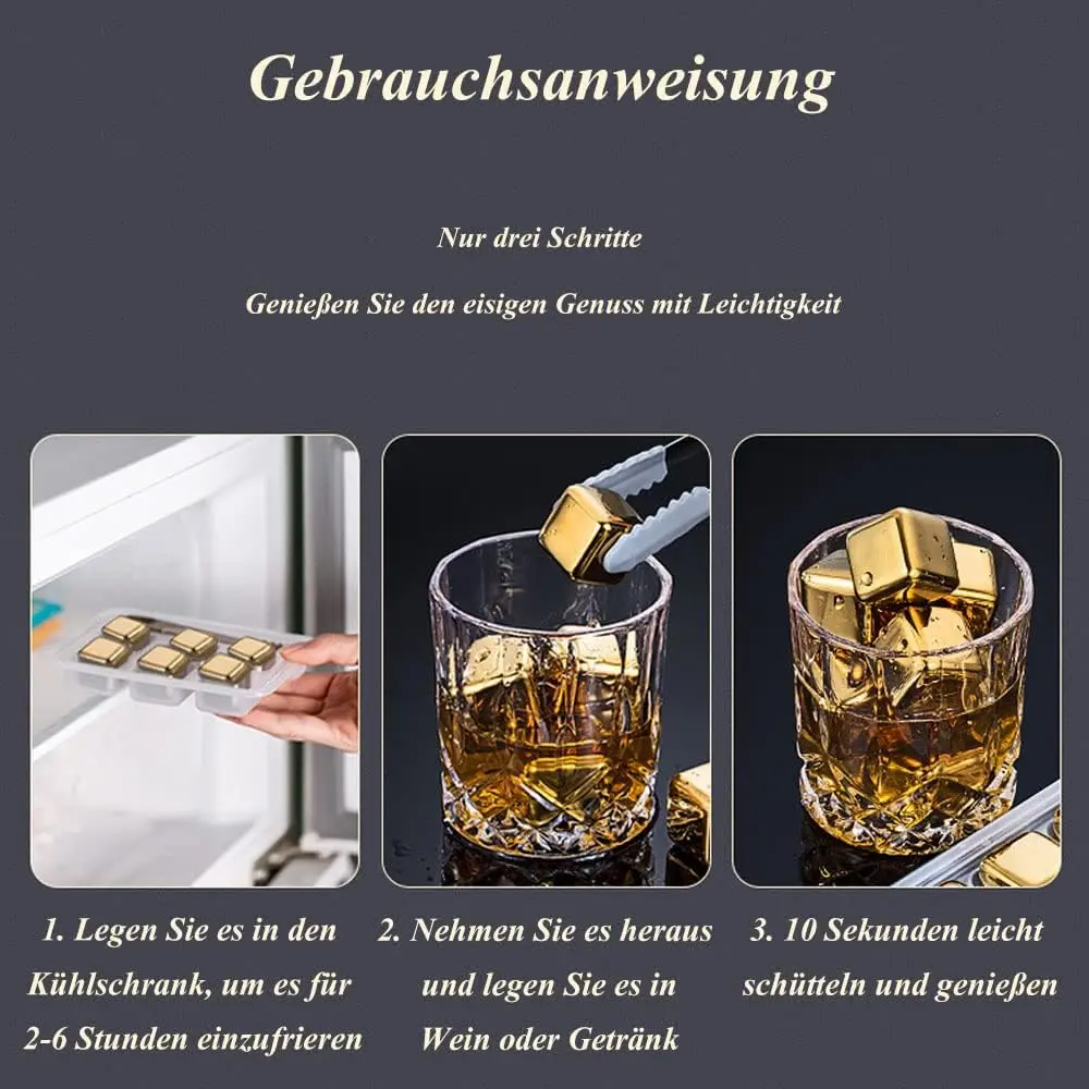 Whiskey Ice Cubes Set Silicone Head Tongs and Ice Cube Trays  304 Stainless Steel Ice Cubes Reusable Gold and Siver