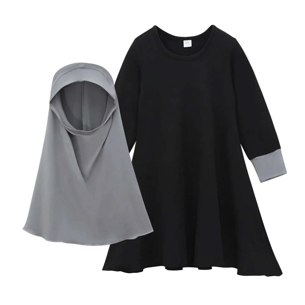 

Muslim Girls Spring Autumn Long-sleeve Dress+headscarf Two-piece Islamic Children's Abaya Sets Baby Black Prayer Clothes 70-140