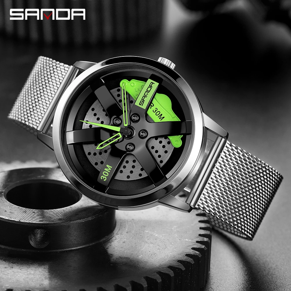 

Men Fashion Hot Sell Car Rim Wristwatch 3D Wheel Rim Dial Watches Steel Mesh belt Waterproof Sport Quartz Wristwatch Relogio