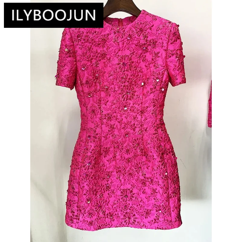 

ILYBOOJUN Newest 2024 Designer Fashion Stylish Dress Women's Beaded Floral Jacquard Trimmed Dress