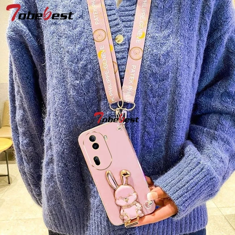 Elegant Crossbody Lanyard with Rabbit Bracket & Plating Finish Silicone Case