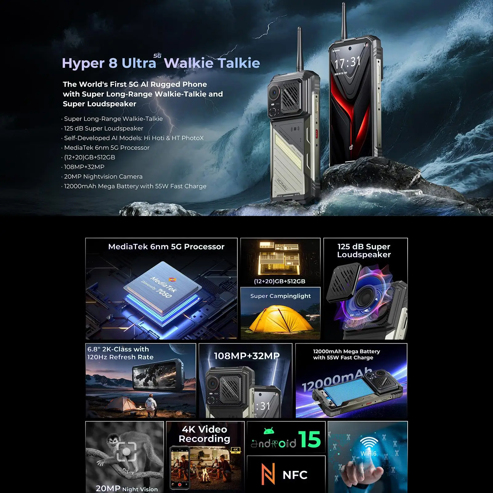 HOTWAV Hyper 8 Ultra Walkie-talkie Rugged Phone 12GB+512GB 6.8 inch Android 15 MediaTek MT8791 Dimensity 7050 5G NFC Smartphone