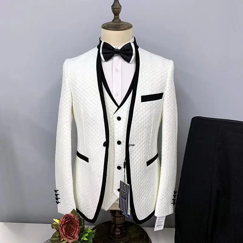 

Men's 3 Piece Suits White V Neck Bump Single Row One Button Slim Fit Formal For Wedding Groomsmen Tuxedos Clothing (No Tie)