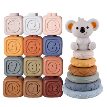 1Set Soft Silicone Building Blocks Stacking Blocks Baby Toy Round Shape Silicone Construction Toy Rubber Teethers Montessori Toy 2