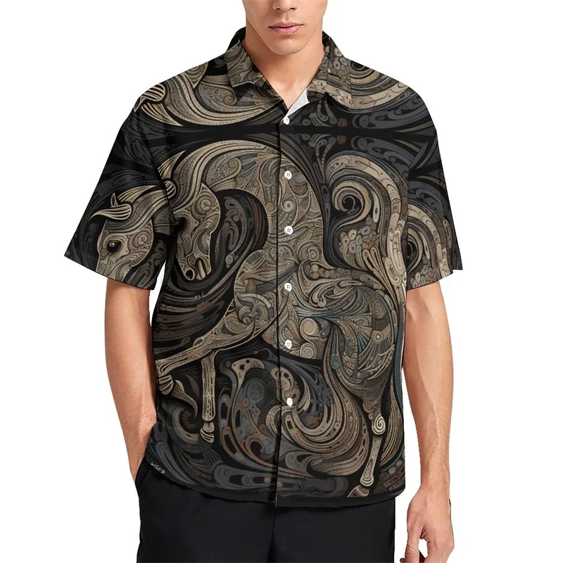 thumbnail image 1 of Camisas con estampado digital de animales y caballos para hombre, camisas hawaianas holgadas informales de manga corta para playa, blusas de gran tamaño para hombre, 1 of 5