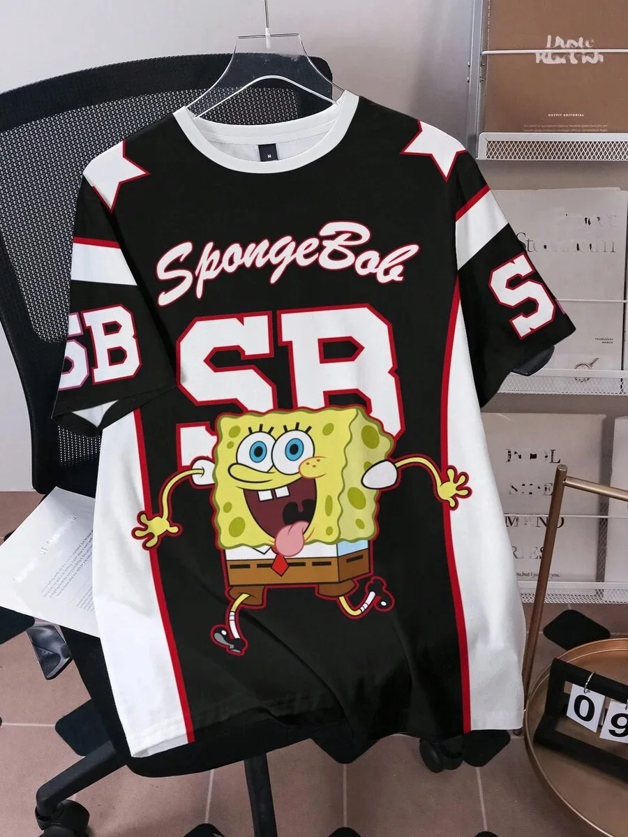 2026 Summer New SpongeBob Kids Sports Jersey Shirt Short Sleeve Family Dress Boys Girls Loose Large Fashion Casual T-shirt Top
