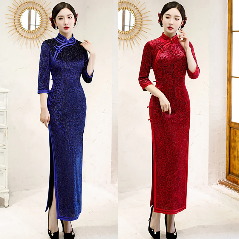 

Improved Long Qipao Female Lace Sexy Slim Fit Party Dress Autumn Elegant Classical Style Cheongsam Traditional Chinese Vestidos