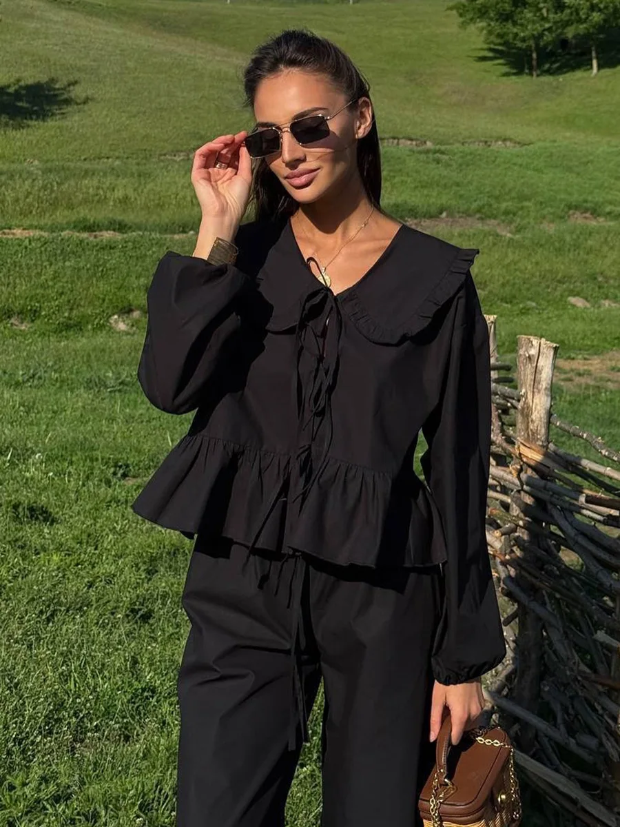 Bornladies Cotton Shirt Pants Set  Autumn Winter New Women's Doll Collar Long Sleeves Cardigan Wide Leg Pants Casual Set