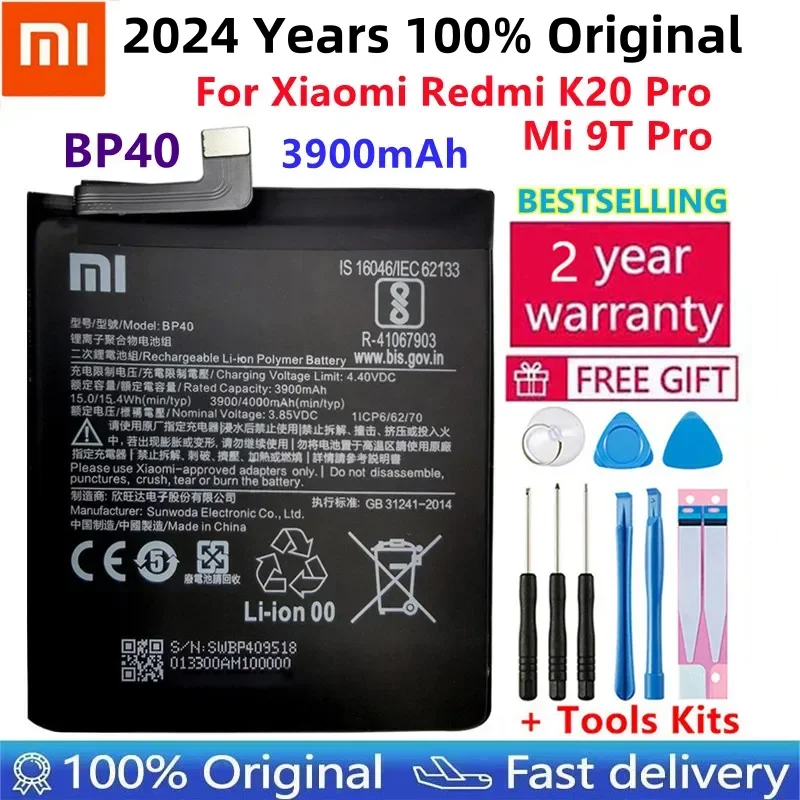 

100% Original Battery For Xiaomi Redmi K20 Pro / Mi 9T Pro 3900mAh BP40 Replacement Li-ion Polymer Phone Battery Repair Parts