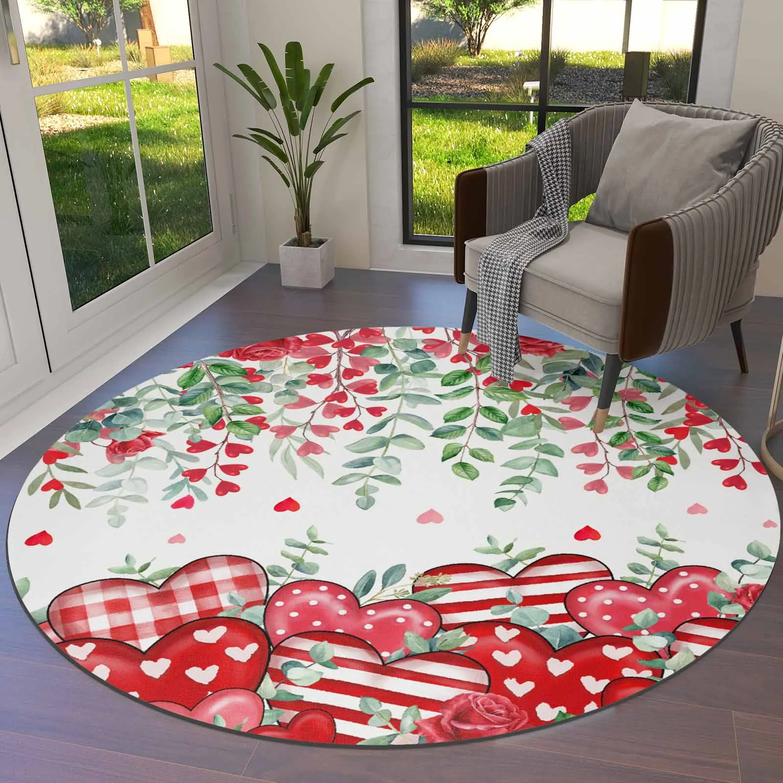 

Valentine'S Day Red Heart Eucalyptus Leaf Rose Round Area Rug Carpets For Living Room Large Mat Home Bedroom Kid Room Decoration