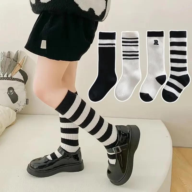 Spring Autumn Baby Cotton Kids Floor Sport Stockings New Korean White Black Striped Knee High Long Socks for Children Clothes