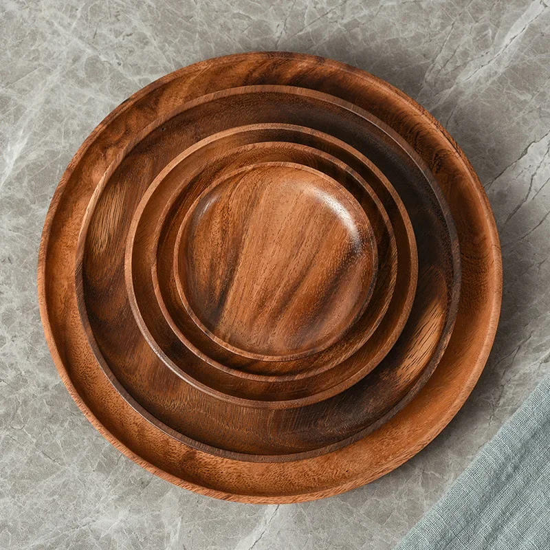 Japanese Household Dishes Acacia Wood Round Tableware Salad Dessert Tray Vintage Wood Dinnerware Set Plates Serving Platter 4