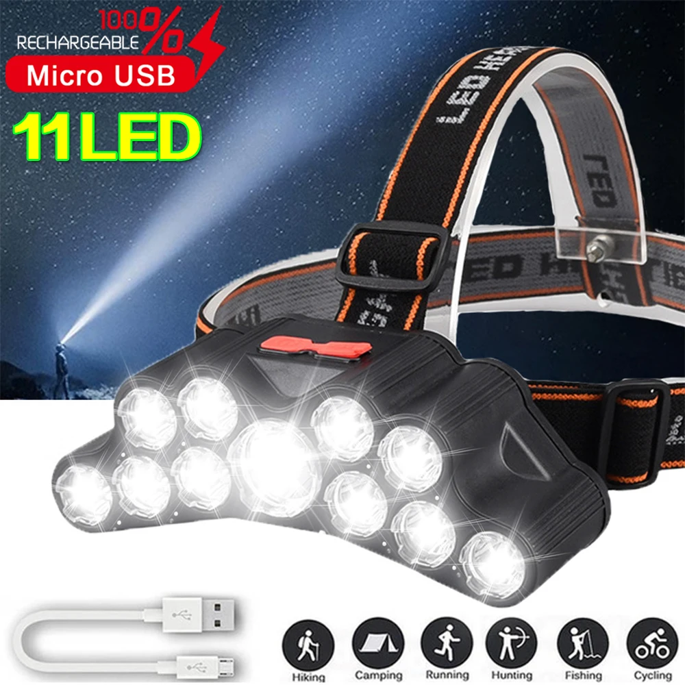 

11LED Headlamp Strong Light Head-Mounted Flashlight USB Rechargeable Outdoor Portable Hiking Camping Night Fishing Headlight