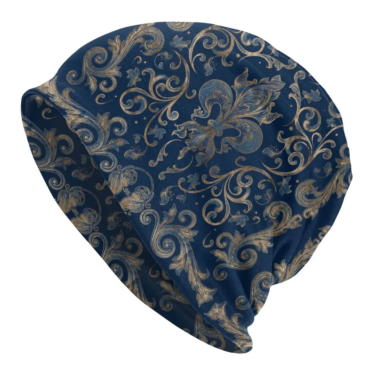 

Unisex Winter Bonnet Homme Knitting Hats Fleur De Lis Ornament Blue Marble And Gold Beanie Cap Sacred Lily Flower Beanies Caps