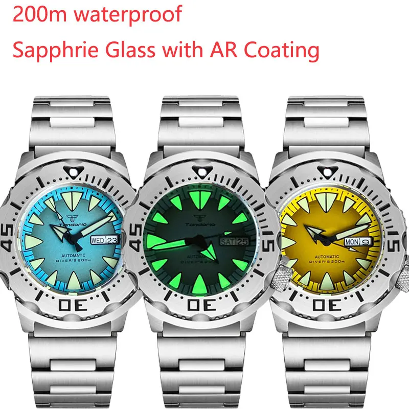 200m Waterproof Diving Monster Watch Men Tandorio 42MM Sky Blue Yellow